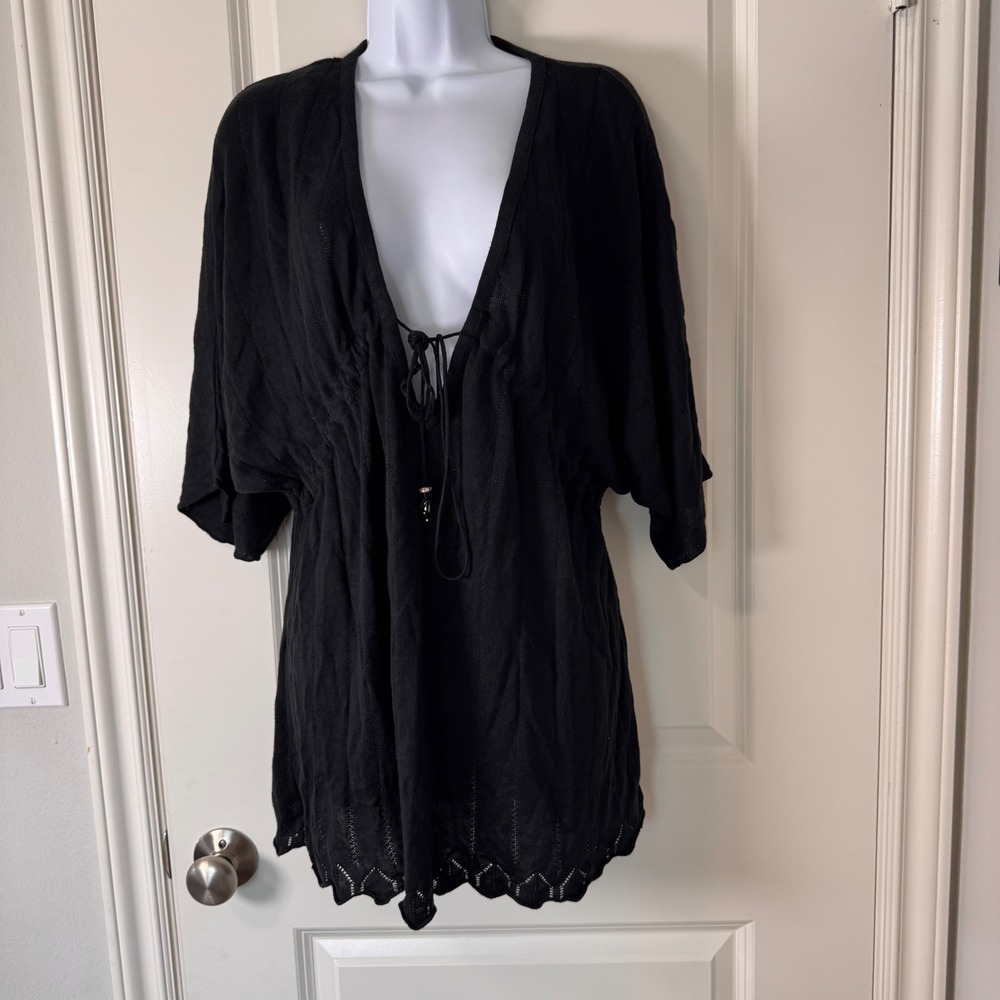 Baby Phat Y2K Black Knit Tunic Top V-Neck Rhinestone Cat Charm 2X Glam Vintage